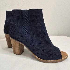 TOMS Majorca Peep Toe Booties Navy Blue Perforated Suede Ankle Boots Womens 7